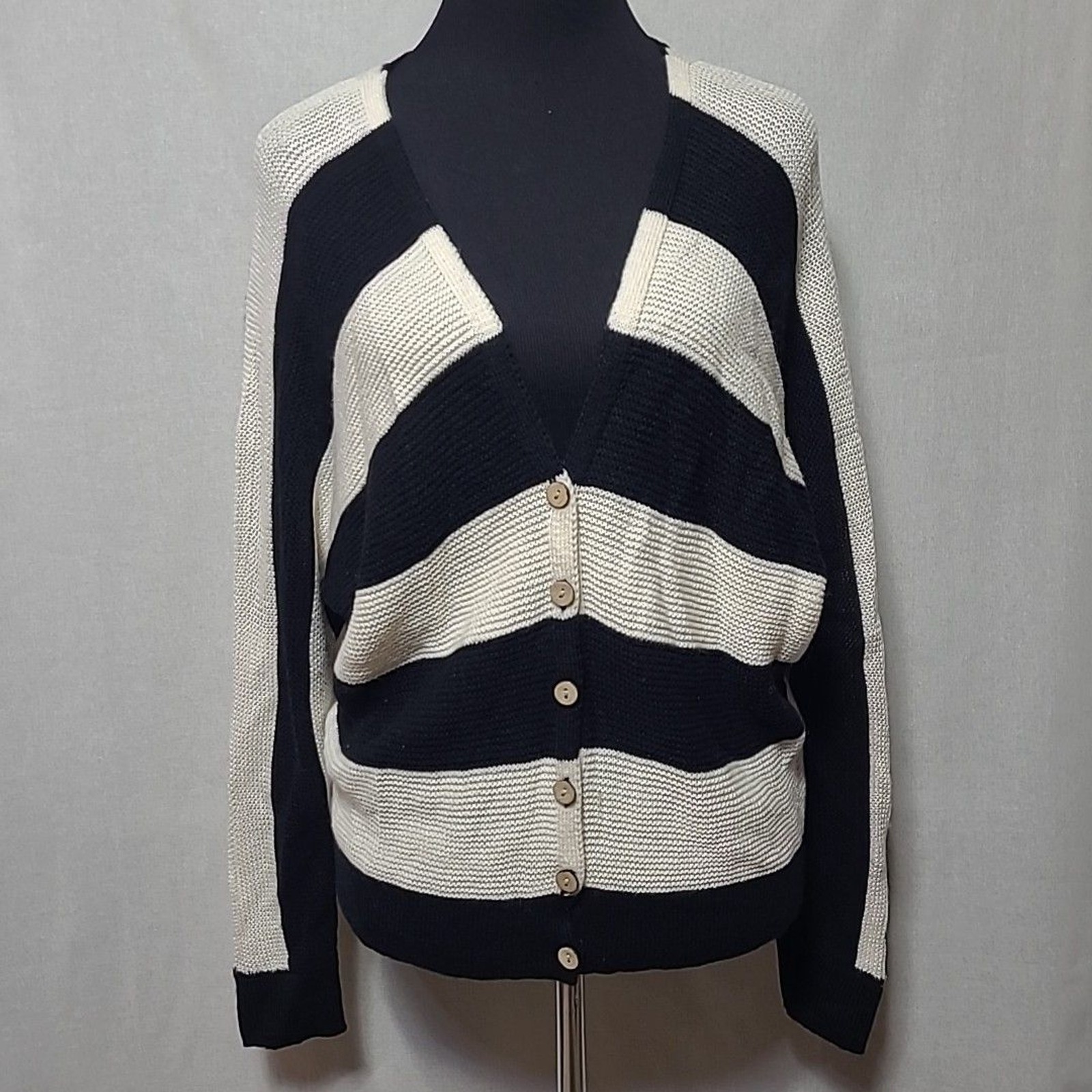 Mine Brand V Neck Cardigan Sweater Womens Sz Small Black Cream Striped Crochet