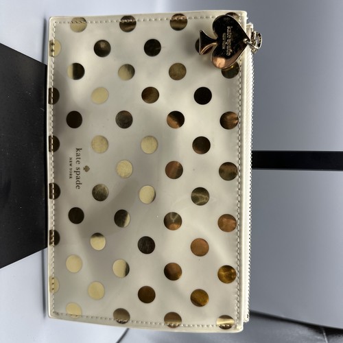 Kate Spade White Clutch Gold Polka Dots Heart Pull Tab Pencil Zip Pouch KST - Imagen 3 de 10