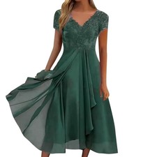 Women's Chiffon Long Dresses A Line V Neck Lace Panel Hollow Prom Dresses Ladies