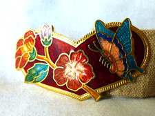 Vintage 1970s Enamel Butterfly Floral Belt Buckle on 34.5" Tan Linen Fabric Belt