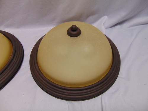 Pair of Quoizel overhead Sconce frosted dome lights 13" round brown color - Picture 3 of 8