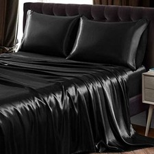 Bed Sheet Set Queen Luxury Silk Black Satin Bedding Deep Pocket Pillow Case 4 Pc