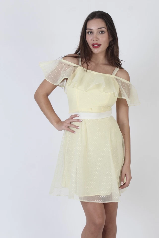 Vtg Swiss Polka Dot Off The Shoulder Short Summer Boho Sundress MiniTank  Dress - Imagem 2 de 4