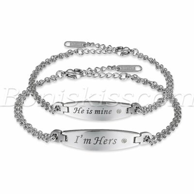 2pcs Unique He is mine/I'm hers CZ Stainless Steel Couples Gift Bracelet Chain