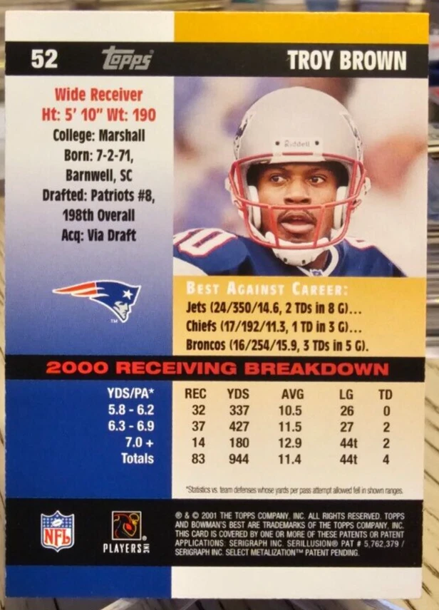 2001 Bowman's Best Troy Brown #52 New England Patriots - Image 2 of 2