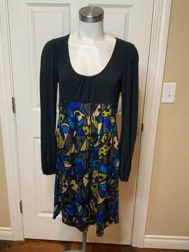 Trina Turk Black, Blue & Green Geometric Print Fit & Flare Dress, Size Small