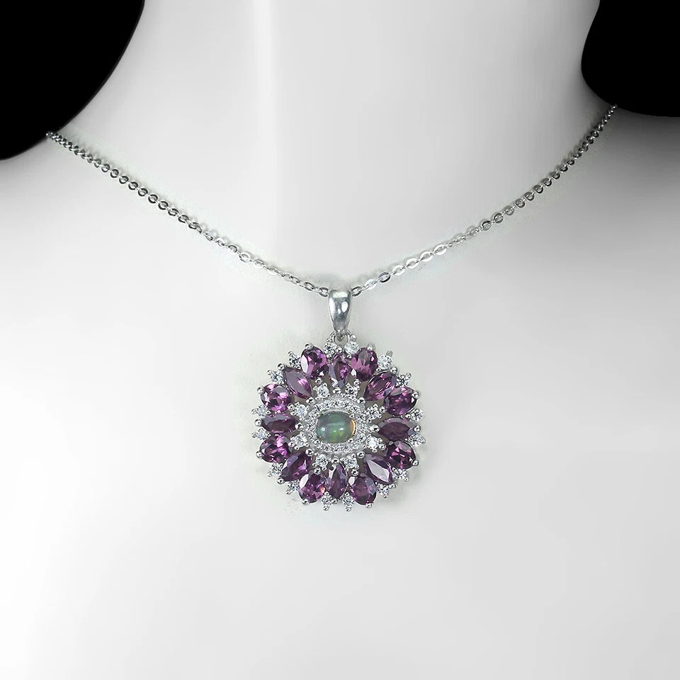 Collar de plata de ley 925 ópalo negro 5x4 mm gemas de rodolita joyas de piedras preciosas Foto 2 de 4