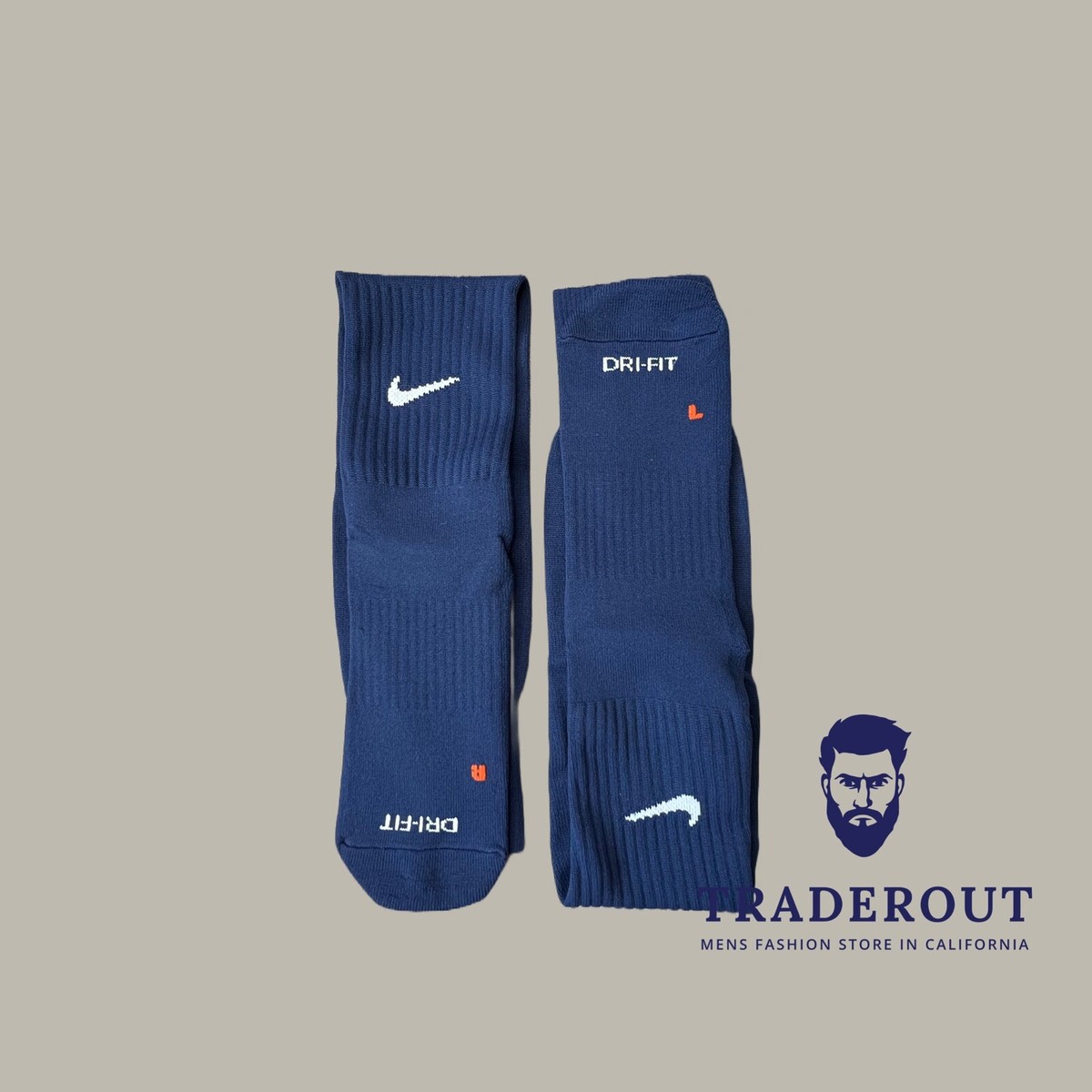 Nike Mens NAVY blue white logo over-the-calf dri-FIT socks size L
