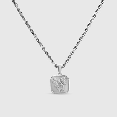 Silver Rose Square Pendant Necklace - Waterproof 18K Stainless Steel Jewelry Gif