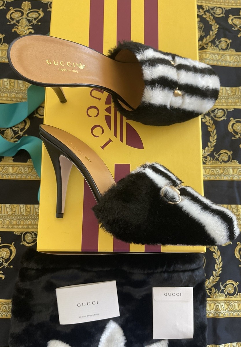 NEW 100% Authentic Gucci x Adidas Shearling Fur Horsebit Mules