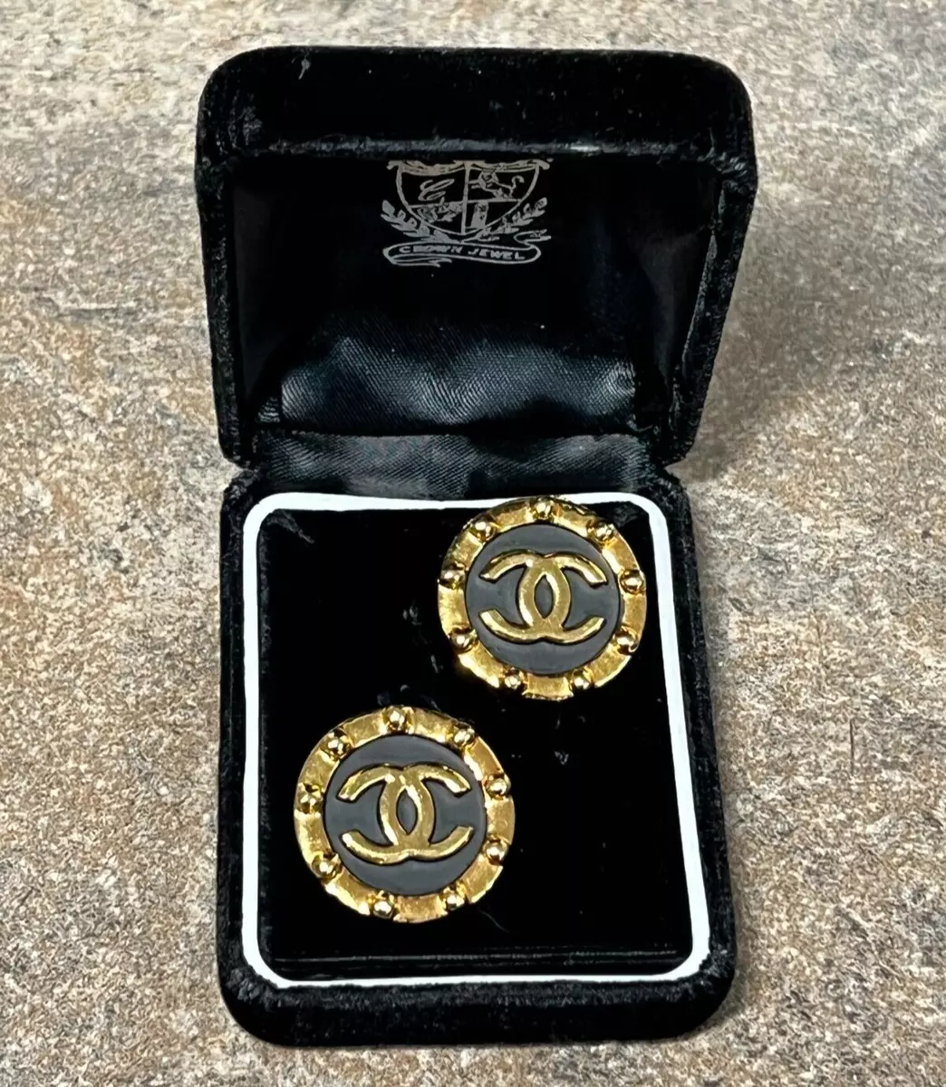 CHANEL Earrings Black Leather Gold Plated Chain CC Logo Round Clip-On 2 8