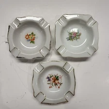 3 Vintage Ashtrays Ceramic White Ceramic Different Floral Patterns Square 3.5"