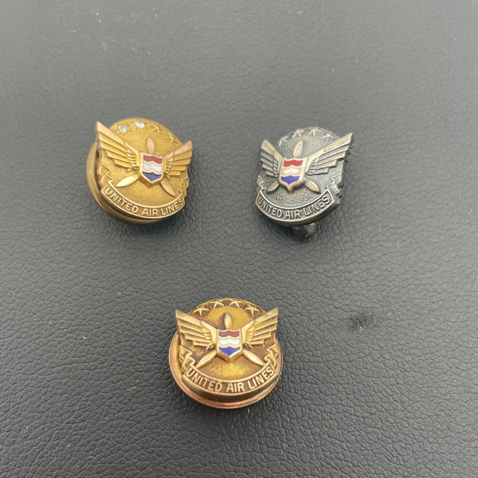 Vintage United Airlines Lapel Pins 2 Gold & Diamond Service/ 1 Sterling