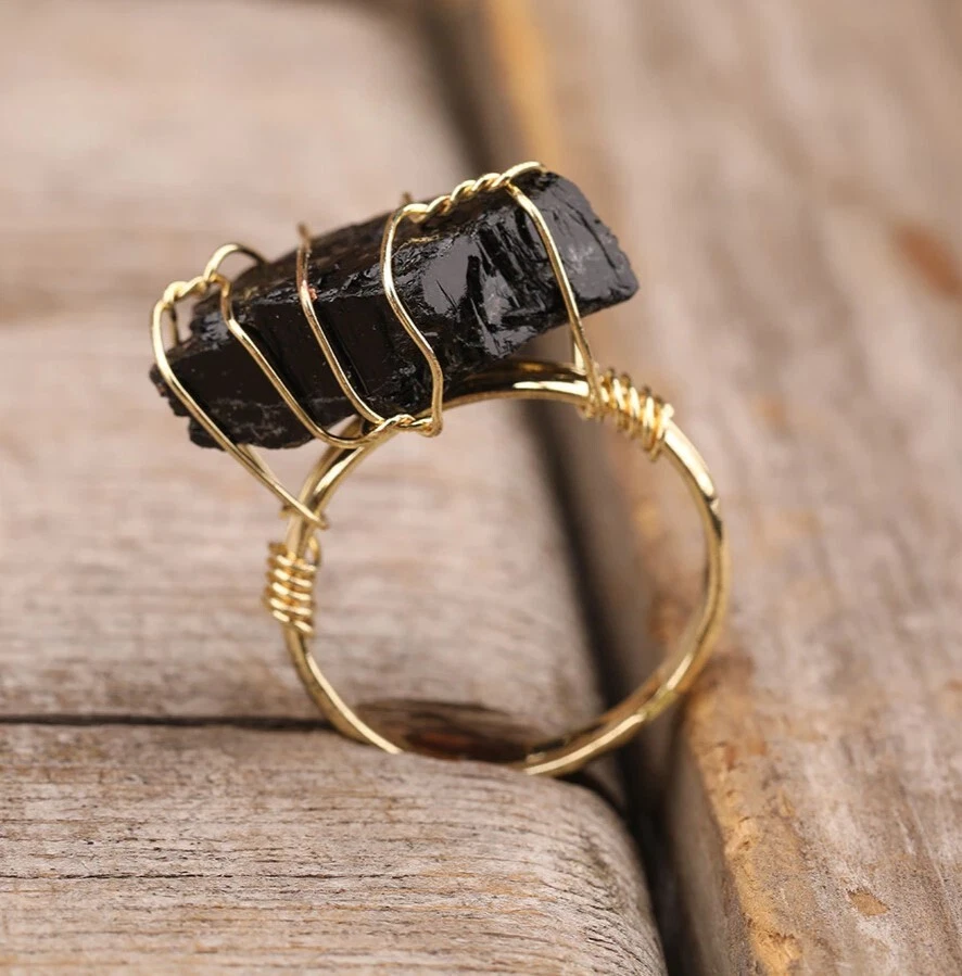 Natural Raw Black Obsidian Stone Wrap Ring Copper US Size 8