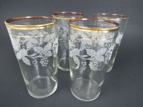 VTG Bartlett Collins Frosted Grape Vine Gold Trim 10 Oz Glass Tumbler Set of 4 - Afbeelding 1 van 6