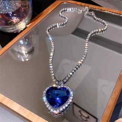 9.30 Ct Heart Simulated Sapphire Titanic Tennis Necklace 14k White Gold Plated