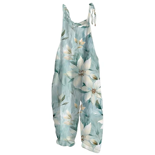 Damen Sommer Baumwolle Leinen Overall Blumendruck Freizeit Locker Retro Jumpsuit - Bild 43 von 51