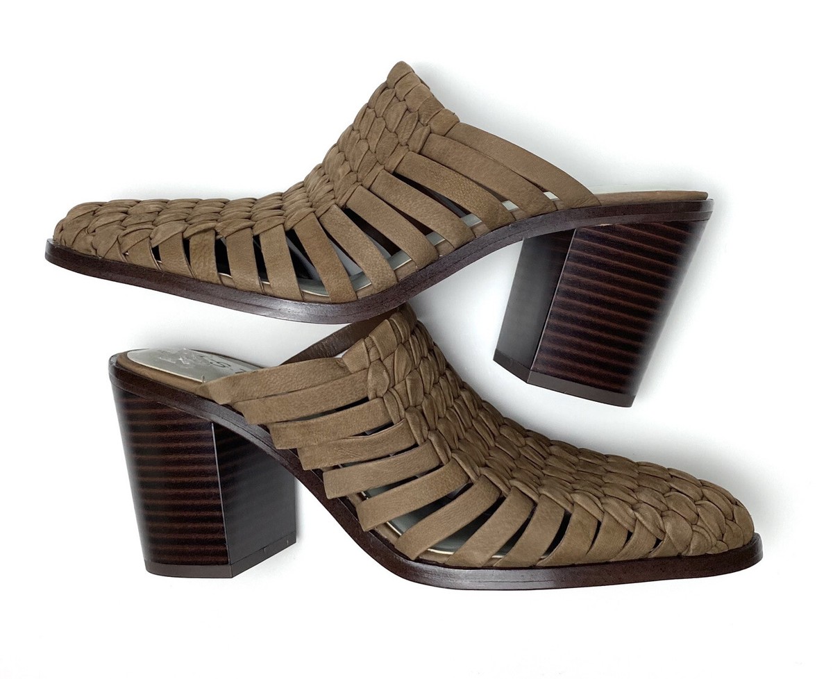 Licha Woven Leather Mules Shoes Heels Tan Brown Block Heel Slip On  Sz