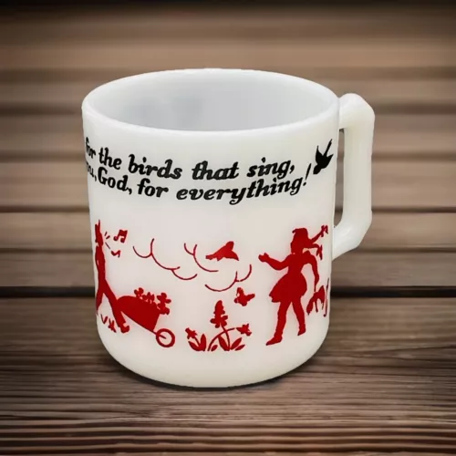 Hazel Atlas Milk Glass USA Vintage Cup Child's Thank You God for Bird Silhouette