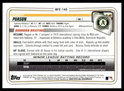 2020 Bowman 1ère édition Robert Puason A11 Oakland Athletics #BFE-145 - Photo 2 sur 2