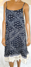 5TH & LOVE Dress,Navy Blue-White Sundress,Hippy Boho Fringe,Adjustable Tank,M