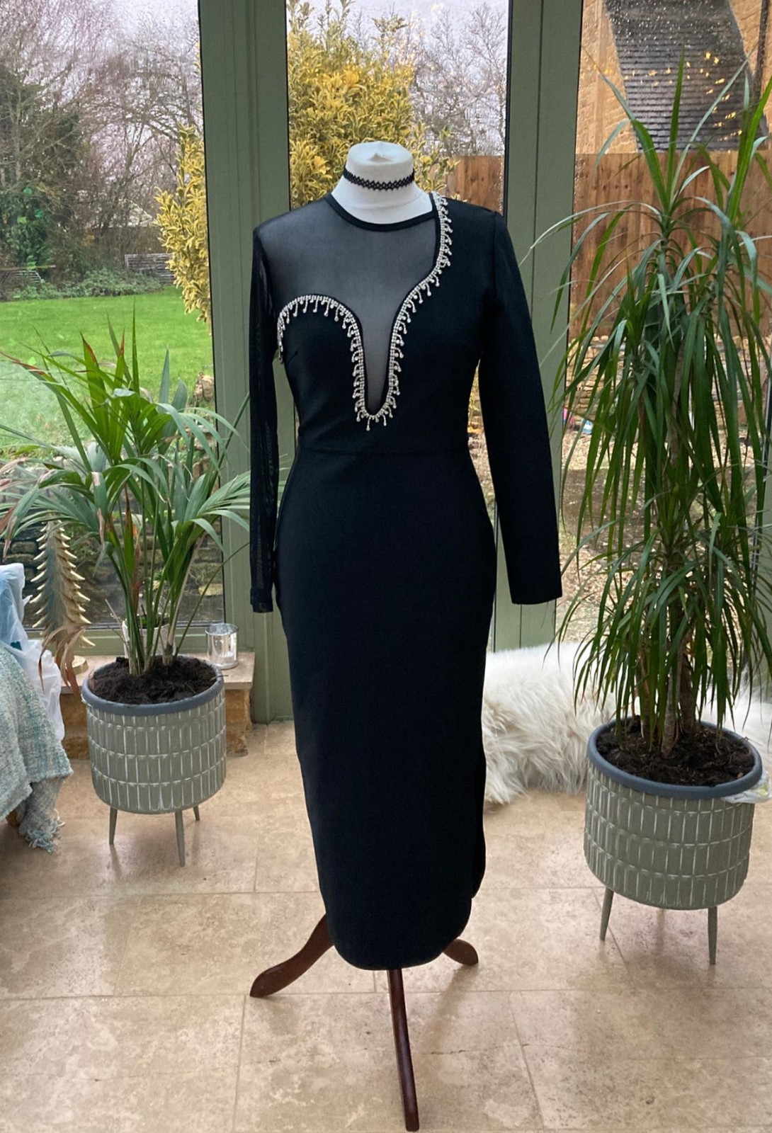 Karen Millen Figure Form Bandage Mesh Detail Asymmetric Trim Midi Dress S Black