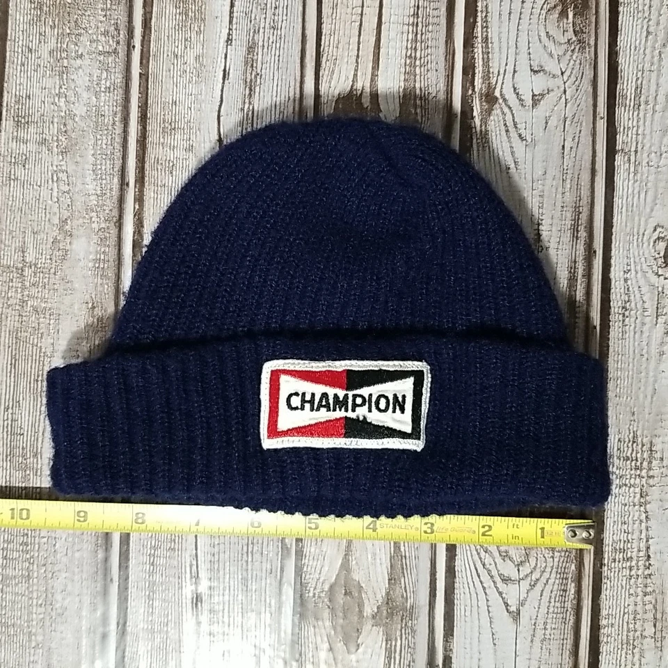 复古 Champion Spark Plugs 贴布针织豆豆帽蓝色冬季帽快速发货! — 第 3/4 张图片