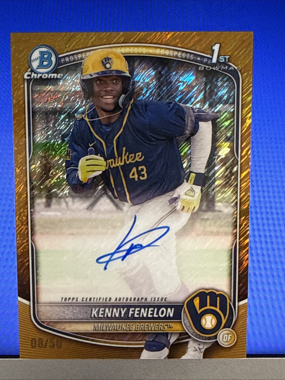 2025 Topps Chrome Bowman 1st Kenny Fenelon Gold Shimmer Auto /50 Brewers