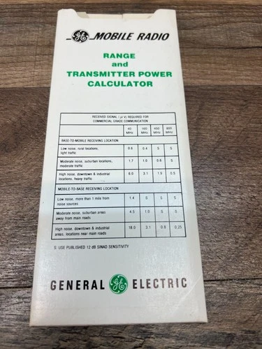 General Electric Mobile Radio Range and Transmitter Power Calculator Circa 1977