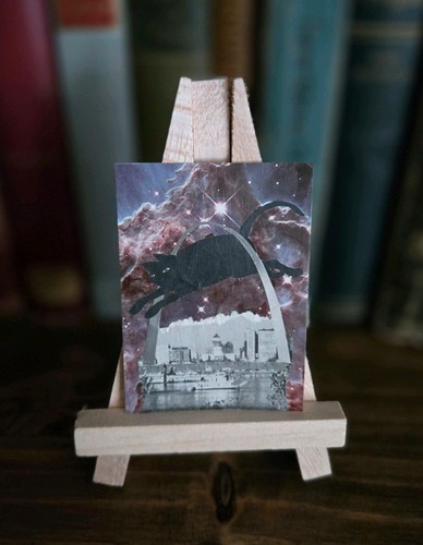 ACEO ORIGINAL Cosmic Cat Space City Arch Surreal Collage Art By BriesPaperTrail