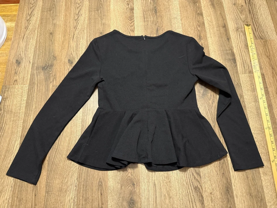 Shein Shirt Women's Size Large Black Long Sleeve Zip Up Back Peplum Top - Image 2 of 4