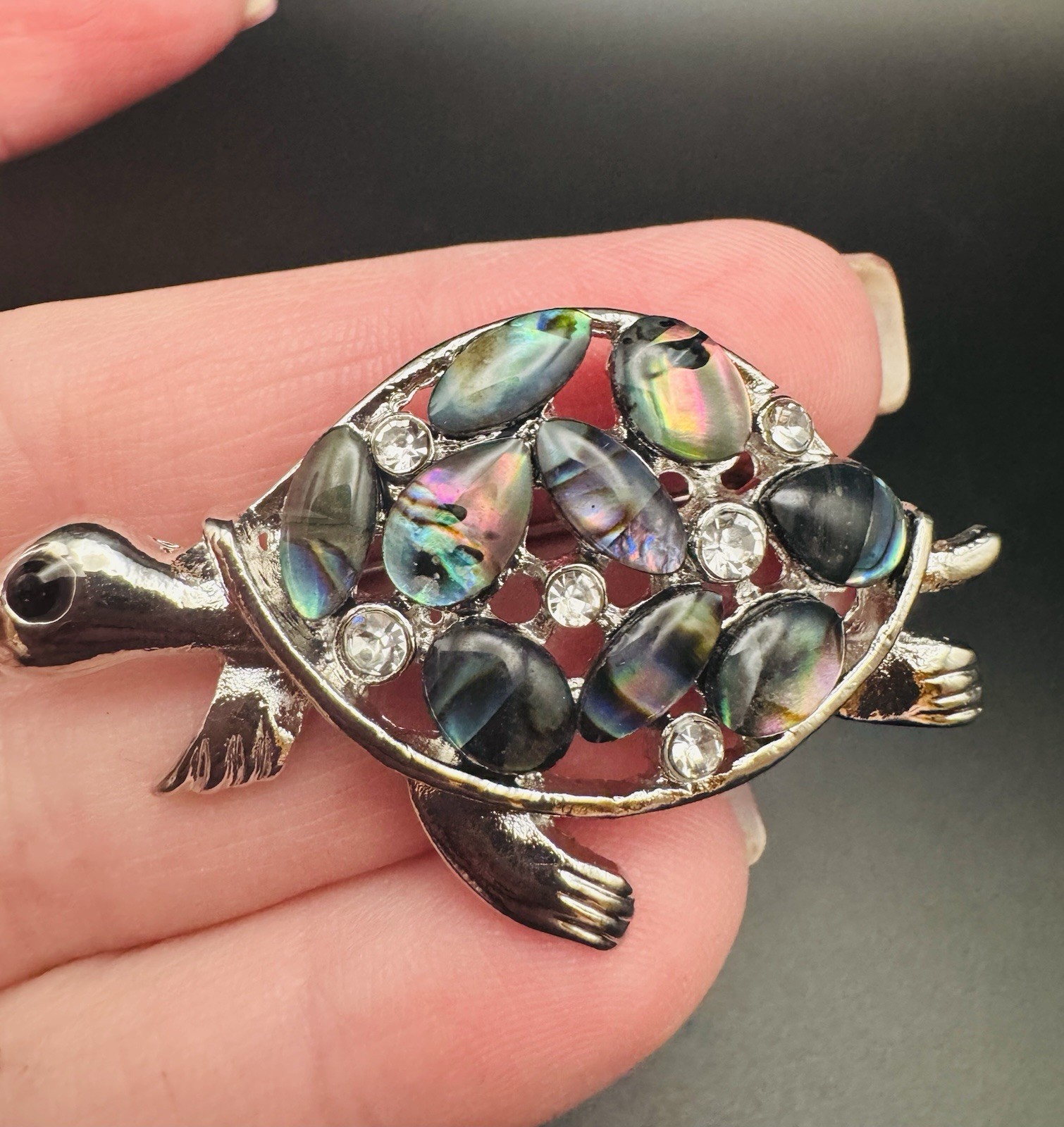 Abalone Shell Turtle Brooch Silver Tone Rhineston… - image 2