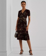 Lauren Ralph Lauren Floral Jersey Surplice Puff Sleeve Midi Dress Size 16