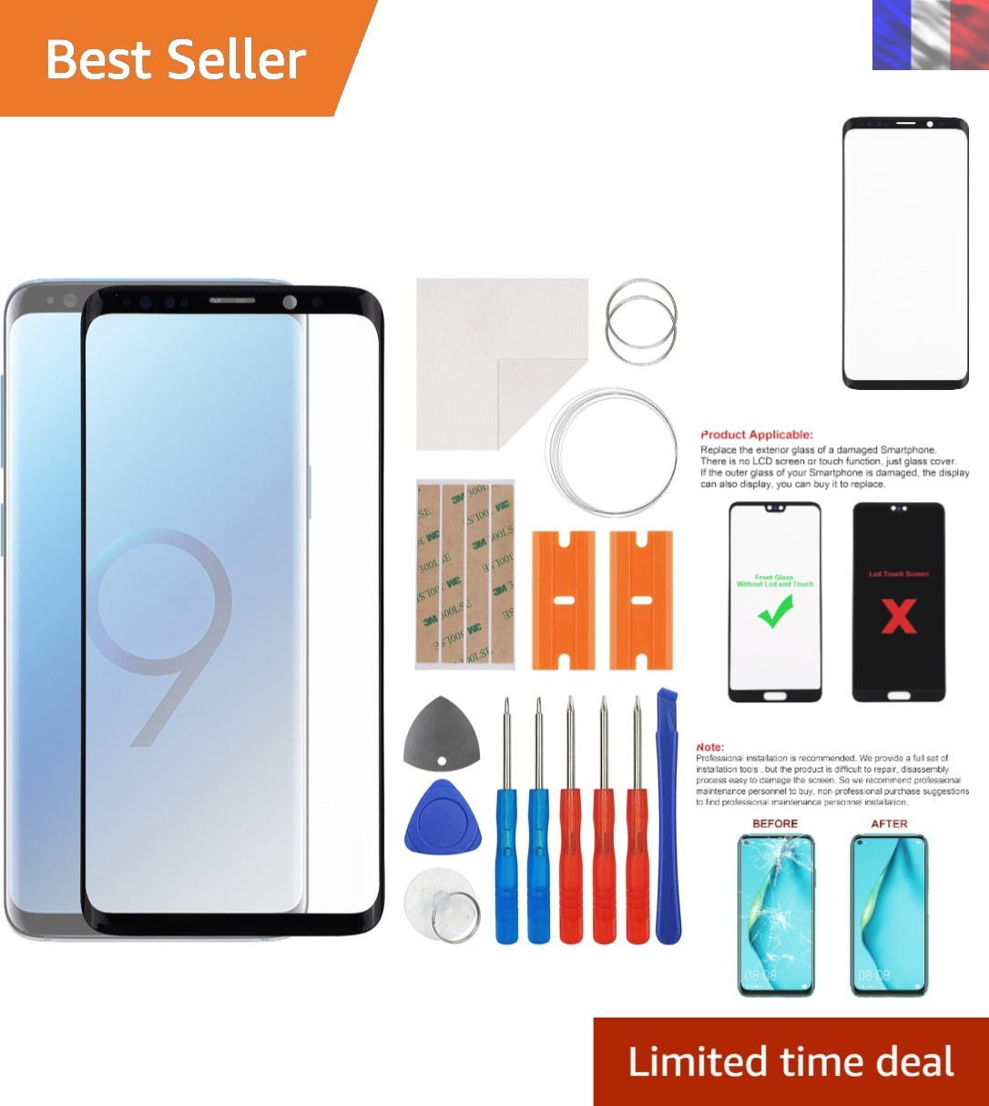 Vitre Frontale Galaxy S9 SM-G960 pour Rénover Écran Brisé en Voyage - Kit
