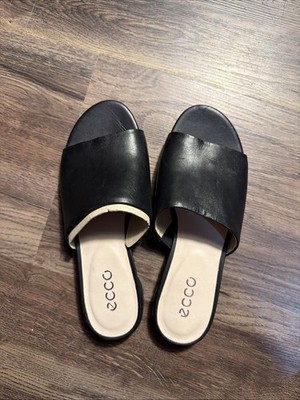 Ecco Sandals Womens Sz 7 Damara Slides Black Slip On Leather Block Heel NWOT
