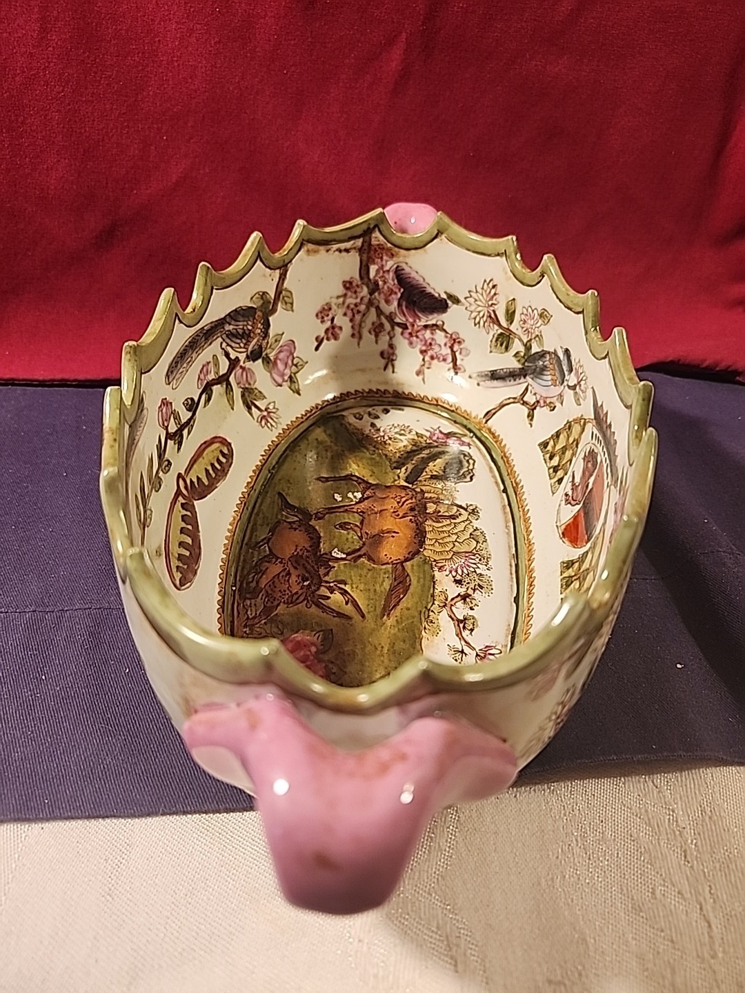 Vintage Chinoiserie Oval Bowl With Handles 6" x 12" Elk Birds Crest