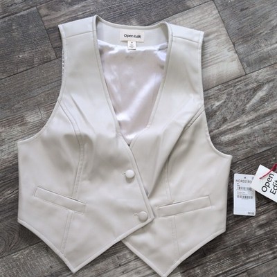 Open Edit Women's White Cropped Solid Suit Vest Two-Button Sleeveless Size M