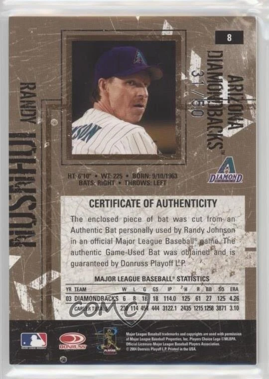 2004 Donruss Leather & Lumber Materials Bat /50 Randy Johnson #8 HOF - Image 2 of 2