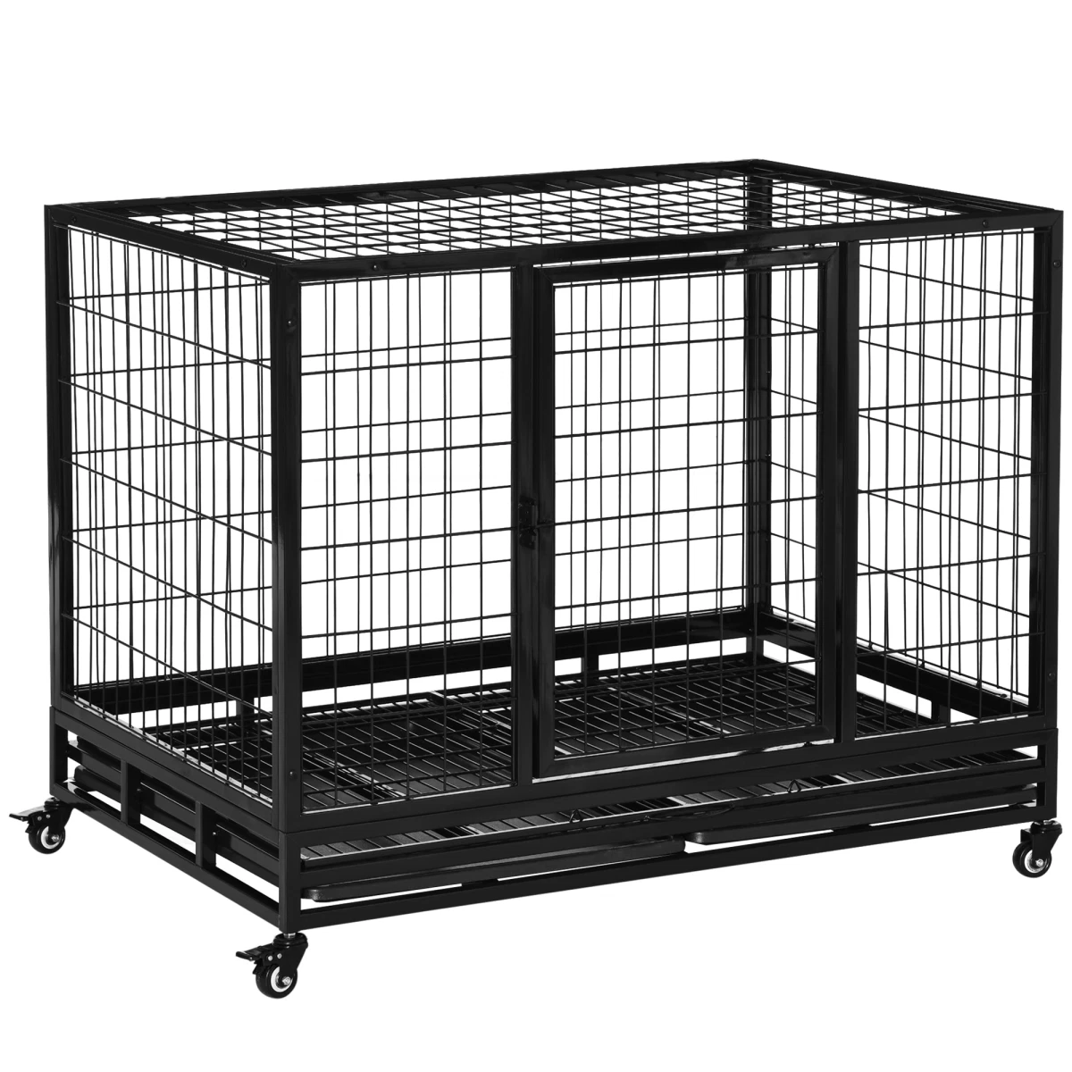 Metal Kennel Cage with Wheels and Crate Tray Black Pawhut less than 40kg