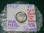 1941 P Mercury 90% Silver V-FINE WWII Dime, SPLIT BANDS, Top & Bottom-Nice Wings