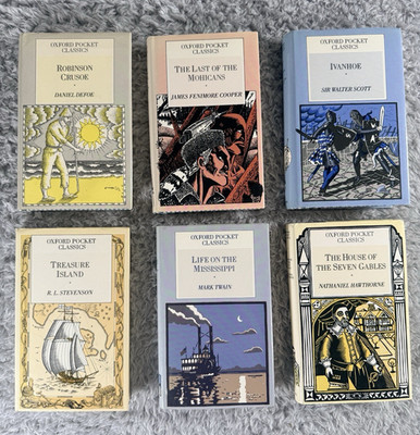 Vintage 1986 Oxford Pocket Classics 6 Book Lot HC DJ Treasure Island Twain Defoe