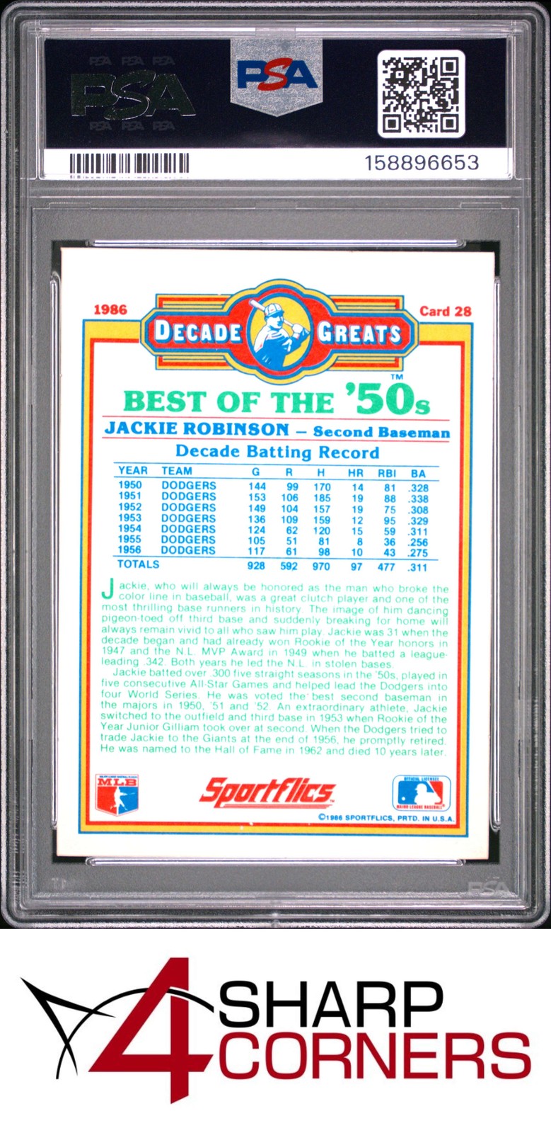 1986 SPORTFLICS DECADE GREATS #28 JACKIE ROBINSON HOF PSA 10 view 2