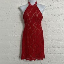 Sans Souci Womens Dress M Red Halter Lace Bodycon Nude Lining Stretch AA1