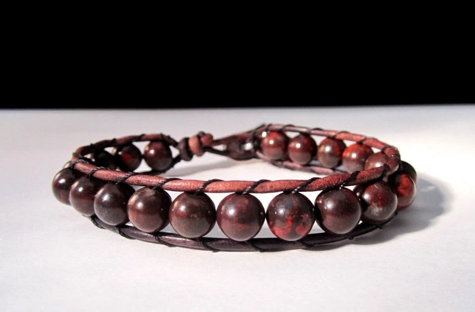 Men's Women's Western Cowboy Antique Brown Leather Bloodstone Wrap Bracelet  - Image 3 of 4