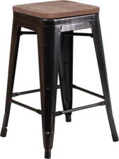 24"Industrial Style Black Antique Gold Metal Counter Height Stool with Wood Seat