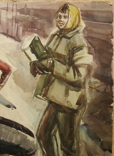 Ukrainian Soviet USSR watercolor Painting socrealism female portrait worker girl - Picture 6 of 8