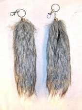 2 GREY / WHITE FOX TAIL KEY CHAIN mens womens car keys ring fur tails FOXES NEW
