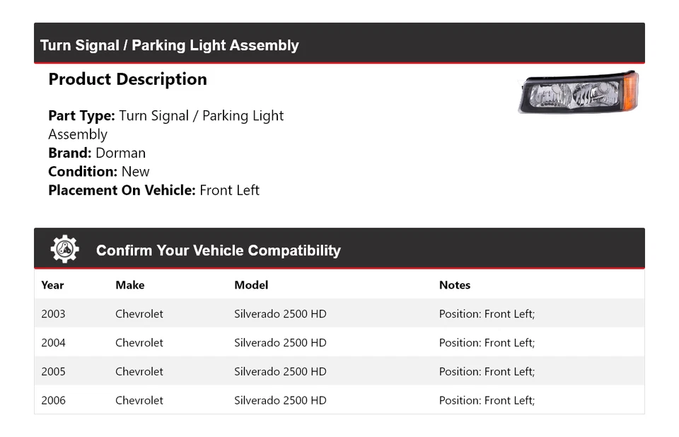 Conjunto de luz de giro/estacionamiento Dorman para Chevrolet Silverado 2500 HD 2003-2006 Foto 2 de 4