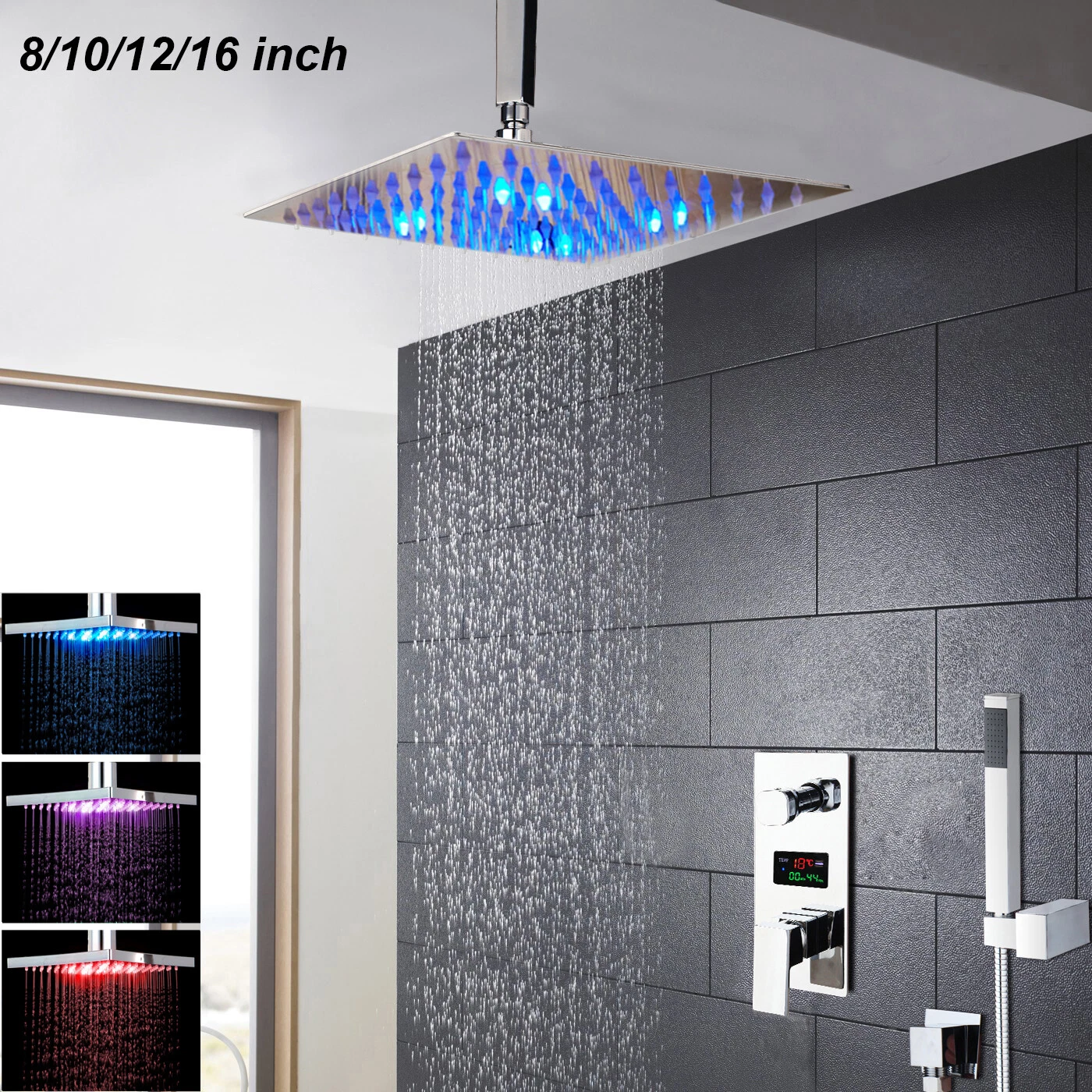 LED Rain Ceiling Mount Shower Head Digital Mixing Valve Hand Shower Faucet Set