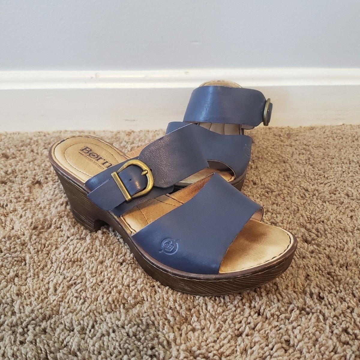 Born carrabelle blue leather 70s platform heeled slip on